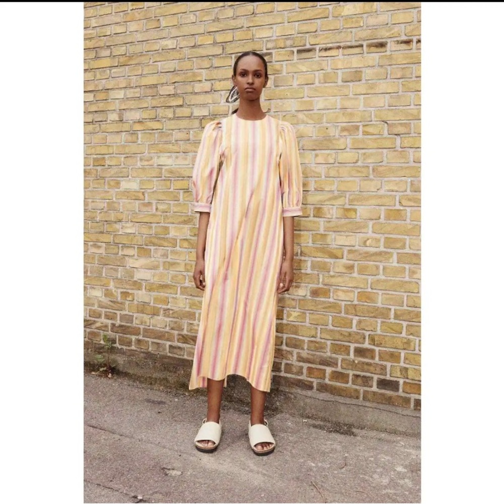 Samsoe Celestina Poplin Puff Sleeve Purple Yellow Striped Midi Dress M NWT 6095‎